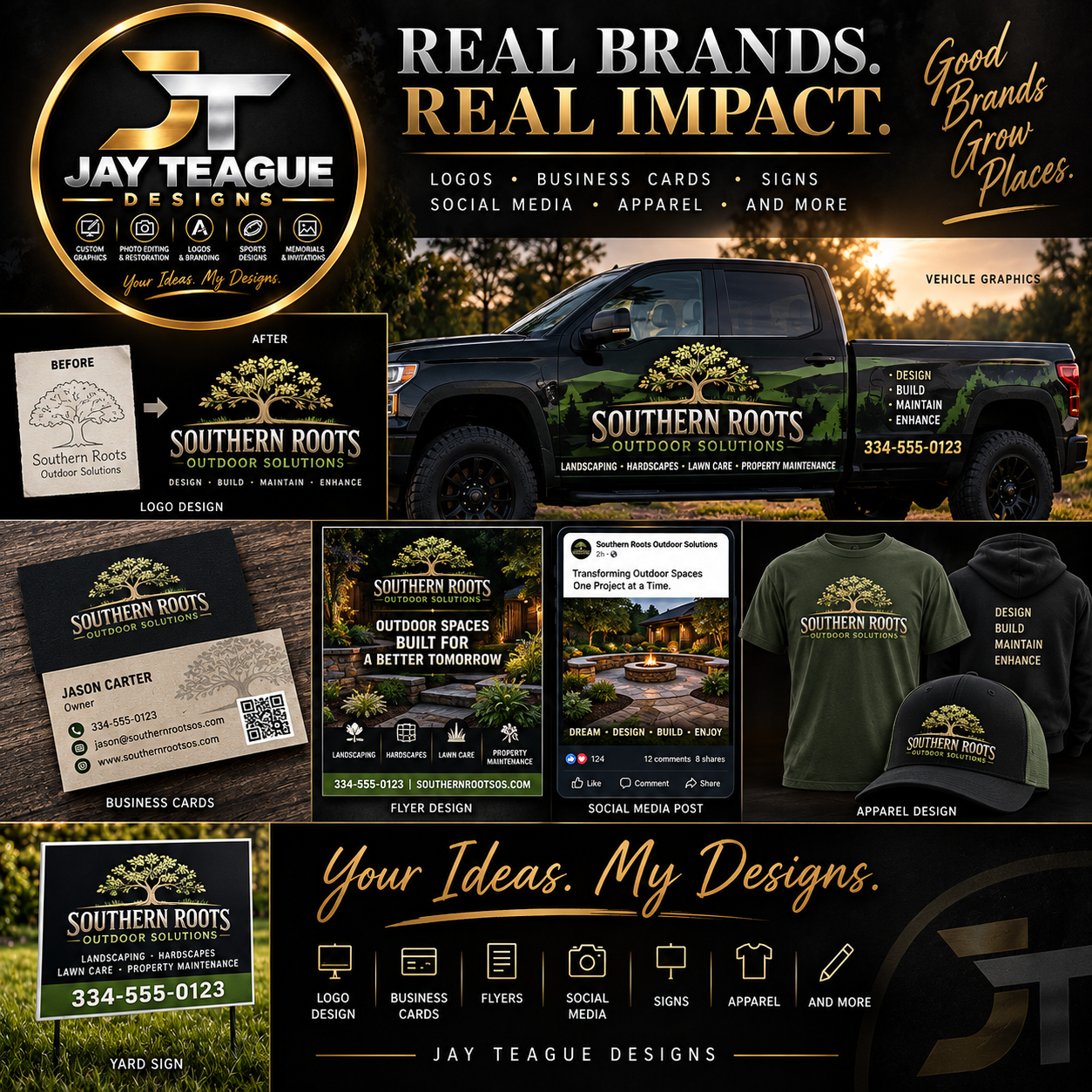 Southern Roots concept: tree emblem, outdoor business branding, truck graphics, cards and clothing