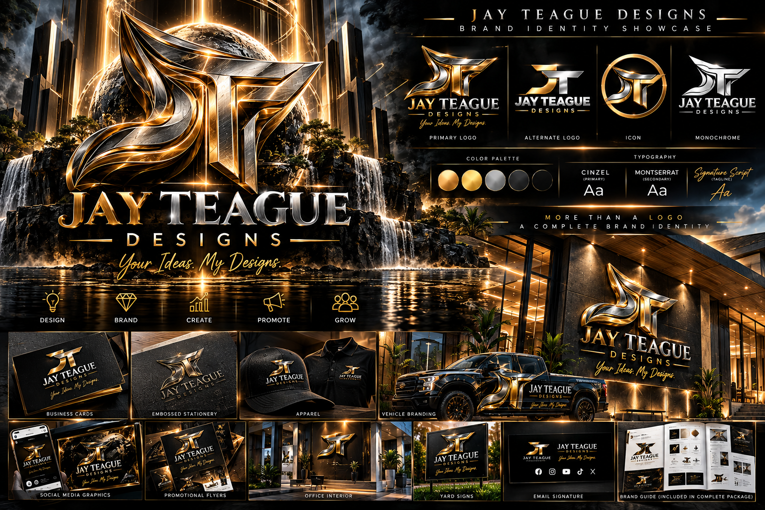 Jay Teague Designs metallic gold and silver brand identity with logo variations and application mockups